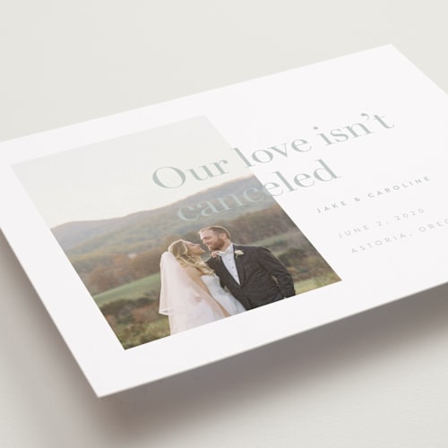 This is a mint wedding announcements with standard by Karen Schipper called frankie printing on recycled smooth signature in standard