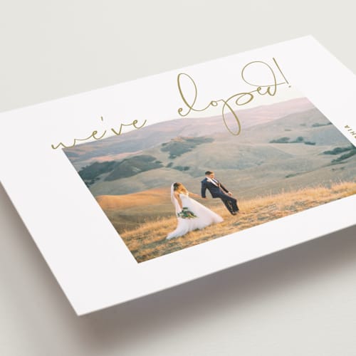 This is a golden wedding announcements with standard by Kimberly FitzSimons called offbeat printing on recycled smooth signature in standard