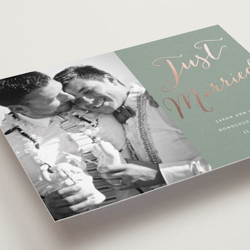 This is a sage wedding announcements with foil pressed by Eric Clegg called cottonwood printing on recycled smooth signature in standard