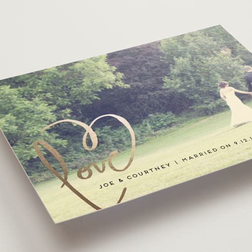 This is a goldenrod wedding announcements with foil pressed by Kelly Ventura called love + heart printing on recycled smooth signature in standard
