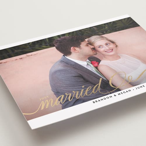 This is a gold wedding announcements with foil pressed by A.C.R. called married + bright printing on recycled smooth signature in standard