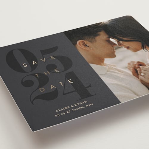 This is a stormy foil stamped save the date cards with foil pressed by Jessica Williams called calendar printing on recycled smooth signature in standard