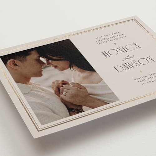 This is a champagne foil stamped save the date cards with foil pressed by Kristin Oliversen called luxe lines printing on recycled smooth signature in standard