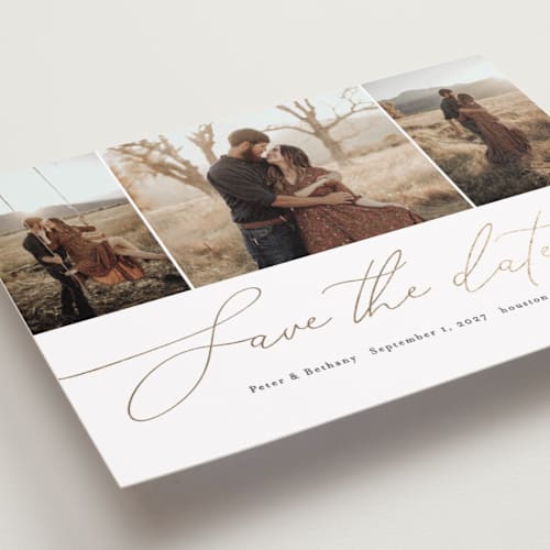 This is a rust foil stamped save the date cards with foil pressed by Stacey Meacham called chantilly printing on recycled smooth signature in standard