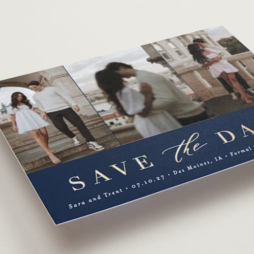 This is a navy foil stamped save the date cards with foil pressed by Andrea Cernin called minimal elegance printing on recycled smooth signature in standard