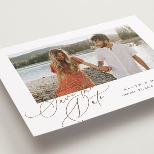 This is a pearl foil stamped save the date cards with foil pressed by Melanie Kosuge called modern script printing on recycled smooth signature in standard