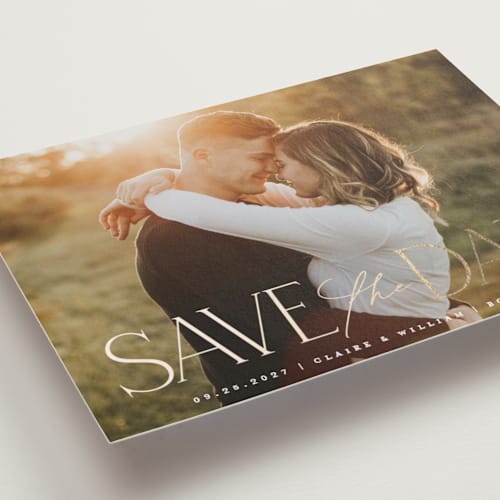 This is a cotton foil stamped save the date cards with foil pressed by Robert and Stella called brighton printing on recycled smooth signature in standard