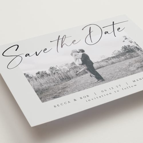 This is a ash foil stamped save the date cards with foil pressed by AK Graphics called flash dance printing on recycled smooth signature in standard