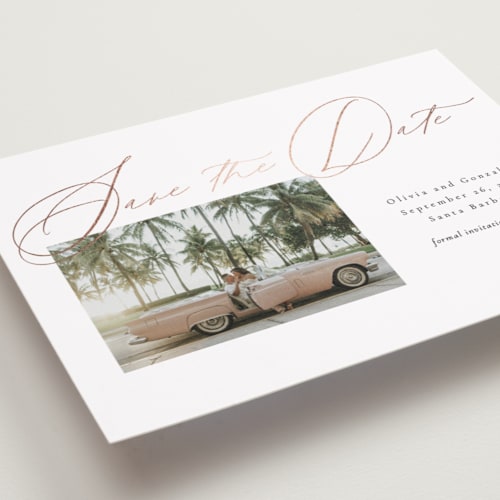 This is a lace foil stamped save the date cards with foil pressed by frau brandt called eternal printing on recycled smooth signature in standard