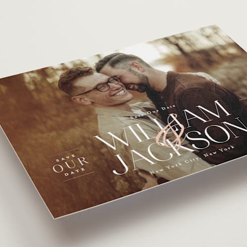 This is a snow foil stamped save the date cards with foil pressed by Hudson meet Rose called to have and to hold printing on recycled smooth signature in standard