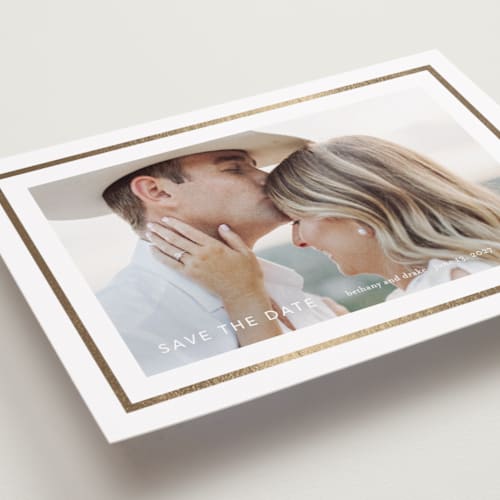This is a cloud foil stamped save the date cards with foil pressed by Stacey Meacham called simple grace printing on recycled smooth signature in standard