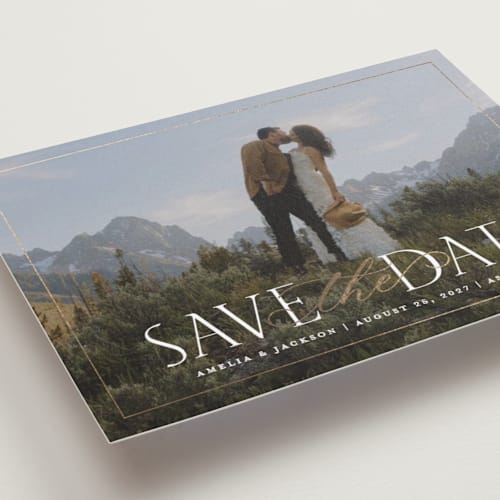 This is a diamond foil stamped save the date cards with foil pressed by Meggy Masters called grandiose printing on recycled smooth signature in standard
