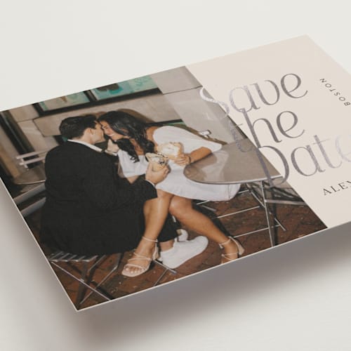 This is a ecru foil stamped save the date cards with foil pressed by 2birdstone called metropolitan printing on recycled smooth signature in standard