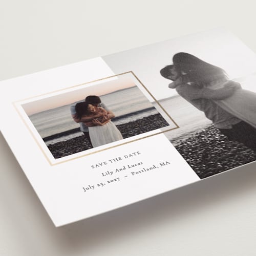 This is a snow foil stamped save the date cards with foil pressed by Sara Hicks Malone called picture printing on recycled smooth signature in standard