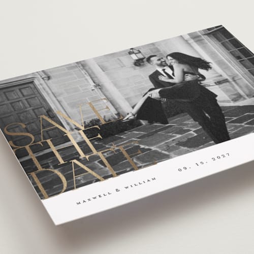 This is a pearl foil stamped save the date cards with foil pressed by Ana de Sousa called editorial lettering printing on recycled smooth signature in standard
