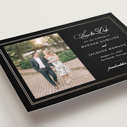 This is a caviar foil stamped save the date cards with foil pressed by Sarah Brown called traditionally printing on recycled smooth signature in standard