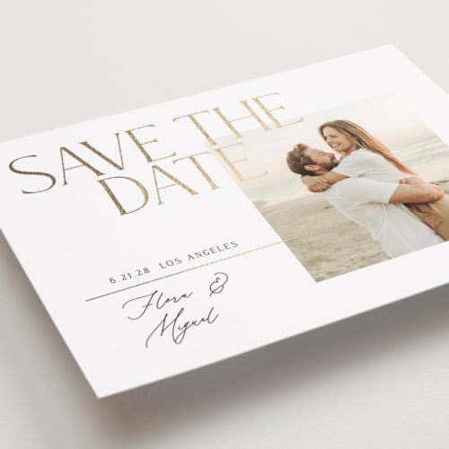 This is a coconut foil stamped save the date cards with foil pressed by Susan Zinader called delicate headline printing on recycled smooth signature in standard