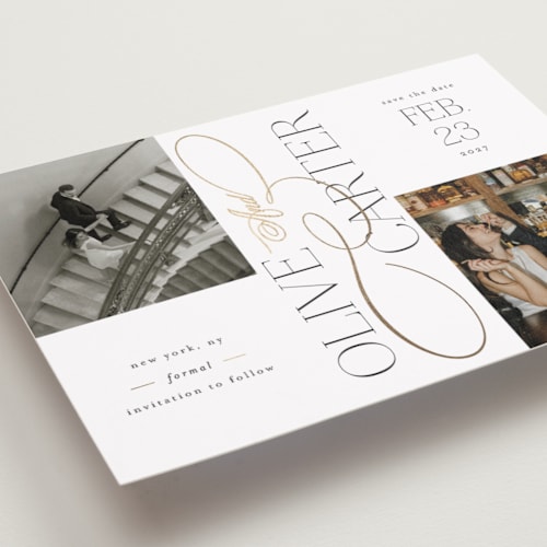 This is a cloud foil stamped save the date cards with foil pressed by Ashlee Townsend called lovely printing on recycled smooth signature in standard