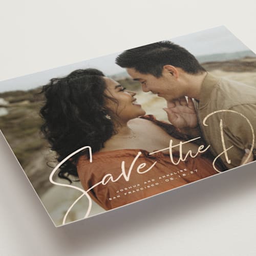 This is a sand foil stamped save the date cards with foil pressed by Wildfield Paper Co called signature printing on recycled smooth signature in standard
