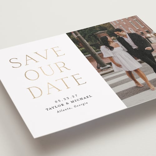 This is a cotton foil stamped save the date cards with foil pressed by Vanessa Doyle called soon to wed printing on recycled smooth signature in standard