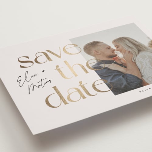 This is a cloud foil stamped save the date cards with foil pressed by Pati Cascino called enfold printing on recycled smooth signature in standard