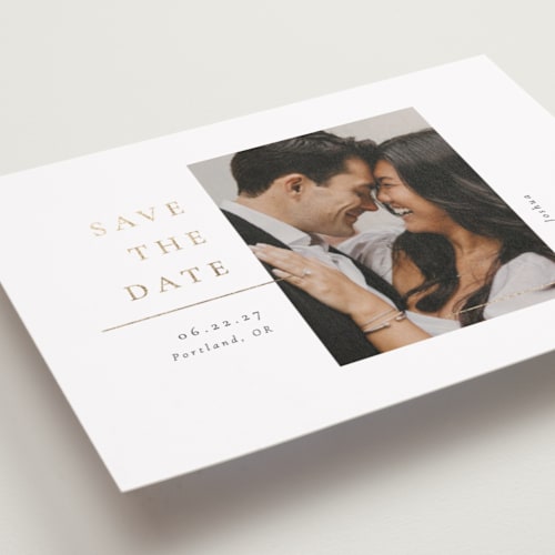 This is a diamond foil stamped save the date cards with foil pressed by Meggy Masters called underlined printing on recycled smooth signature in standard