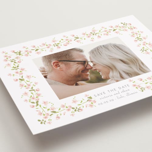 This is a peony save the date with standard by Baumbirdy called rosebud printing on recycled smooth signature in standard