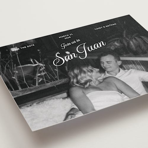 This is a snow save the date with standard by Inkblot Design called vintage trip printing on recycled smooth signature in standard