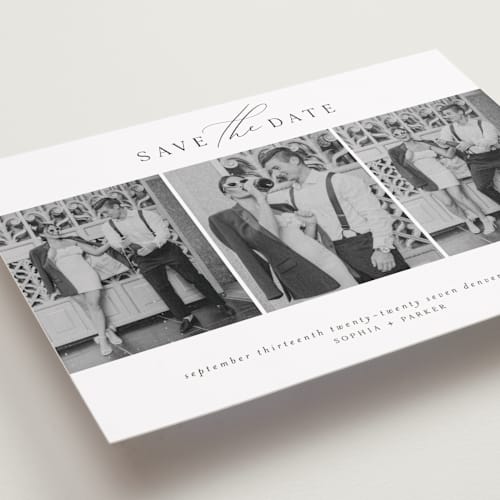 This is a dusk save the date with standard by Grace Kreinbrink called scripted multi printing on recycled smooth signature in standard
