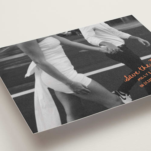 This is a tangerine save the date with standard by Jelena Vuletic called imprint printing on recycled smooth signature in standard