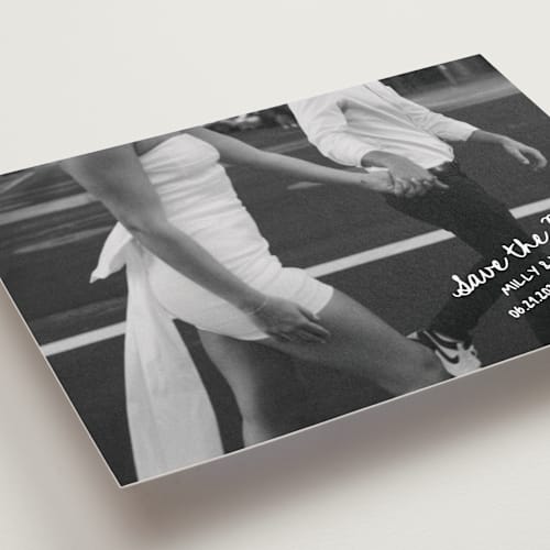This is a mist save the date with standard by Jelena Vuletic called imprint printing on recycled smooth signature in standard