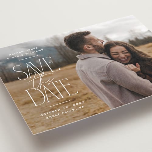 This is a cotton save the date with standard by Owl and Toad called monument printing on recycled smooth signature in standard