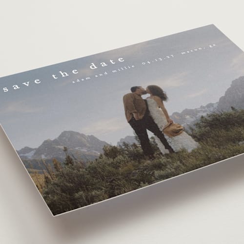 This is a cotton save the date with standard by Stacey Meacham called typographic header printing on recycled smooth signature in standard