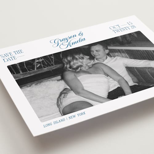 This is a lake save the date with standard by Robert and Stella called opening credits printing on recycled smooth signature in standard