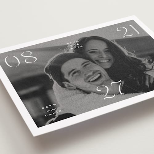 This is a classic save the date with standard by Olivia Kanaley Inman called elements printing on recycled smooth signature in standard