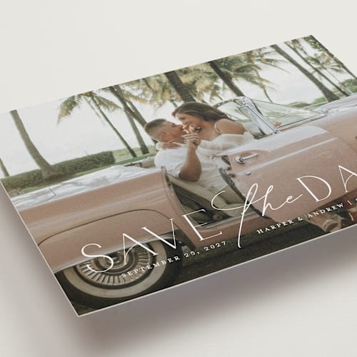 This is a snow save the date with standard by Yaling Hou Suzuki called a fun ride printing on recycled smooth signature in standard