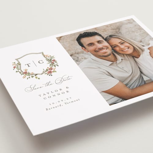 This is a mulberry save the date with standard by Everett Paper Goods called foliage crest printing on recycled smooth signature in standard