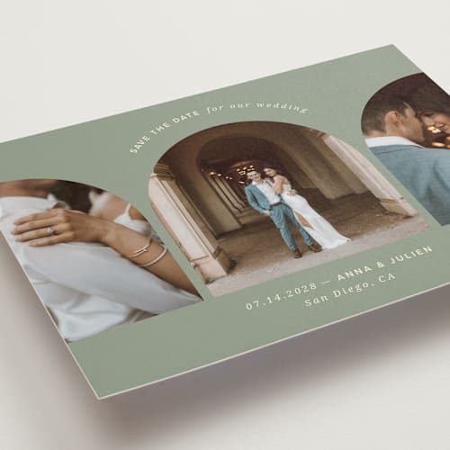 This is a sage save the date with standard by Kristin Oliversen called pure elegance printing on recycled smooth signature in standard