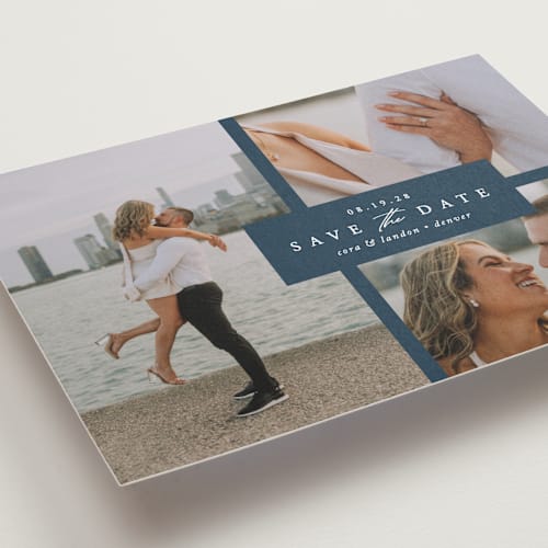 This is a navy save the date with standard by Brianne Larsen called classic date printing on recycled smooth signature in standard