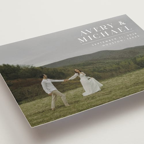 This is a ivory save the date with standard by Juneau Designs called hold tight printing on recycled smooth signature in standard