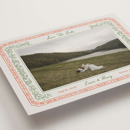 This is a vintage save the date with standard by Elly called romantic floral printing on recycled smooth signature in standard