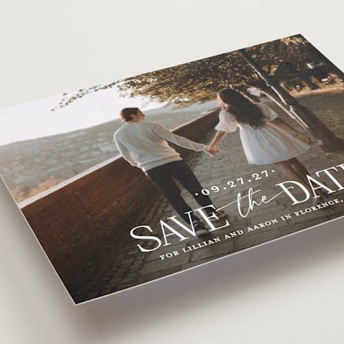 This is a powder save the date with standard by Carolyn MacLaren called together forever printing on recycled smooth signature in standard