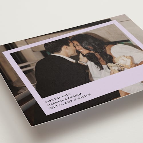 This is a lavender save the date with standard by Inkblot Design called album printing on recycled smooth signature in standard