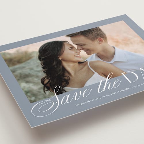 This is a french blue save the date with standard by Stacey Meacham called classic manor printing on recycled smooth signature in standard