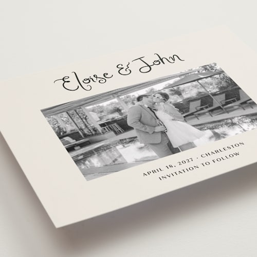 This is a tuxedo save the date with standard by Megan Davis called camellia printing on recycled smooth signature in standard