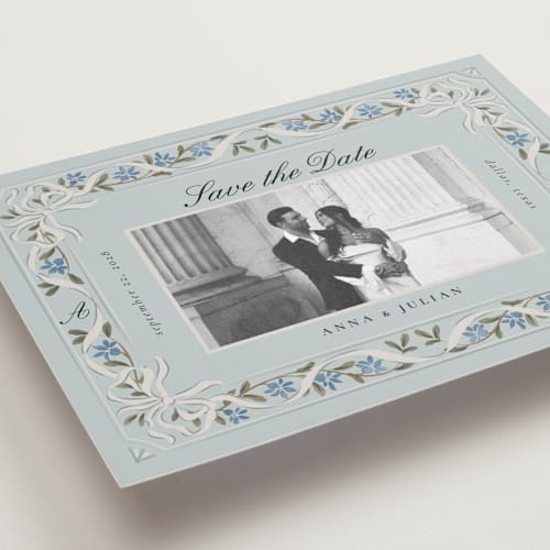 This is a sky save the date with standard by Ana de Sousa called romantic elegance printing on recycled smooth signature in standard