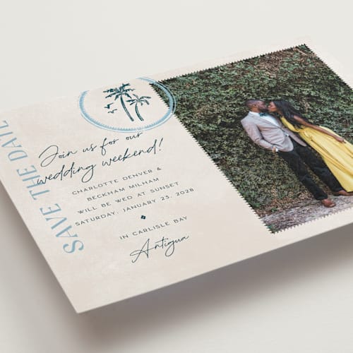 This is a frond save the date with standard by Pixel and Hank called coastal drift printing on recycled smooth signature in standard