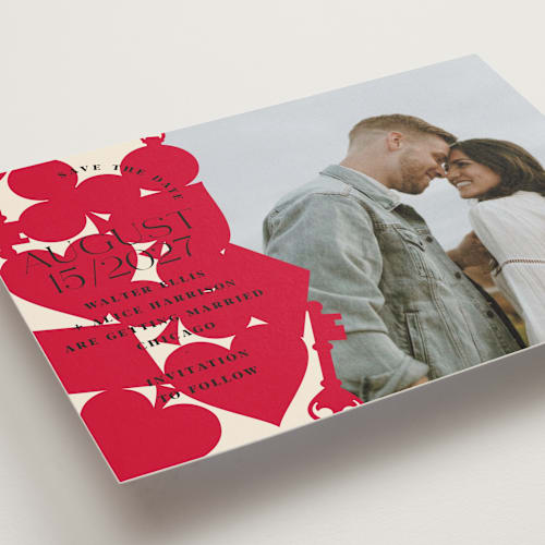This is a ruby save the date with standard by Baumbirdy called pair of hearts from disney's alice in wonderland printing on recycled smooth signature in standard