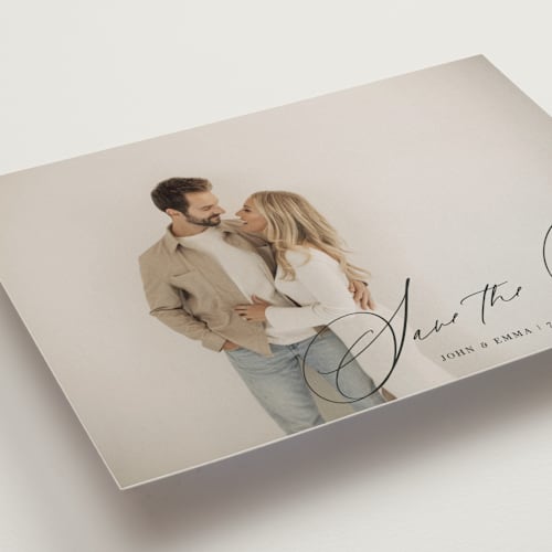 This is a inked save the date with standard by Design Lotus called symphony us printing on recycled smooth signature in standard