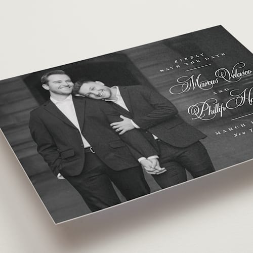 This is a newspaper save the date with standard by Lea Delaveris called grand printing on recycled smooth signature in standard